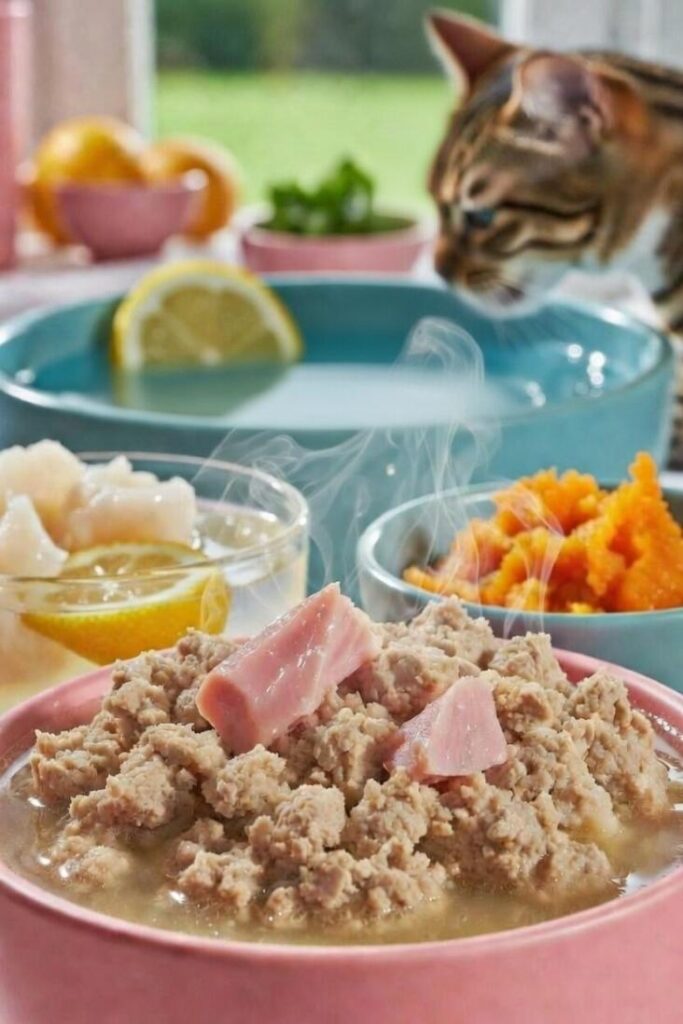 Ciotola di pollo in brodo caldo con zucca, pesce e acqua fresca per gatti, gatto soriano curioso sullo sfondo – ricetta sana e idratante per felini