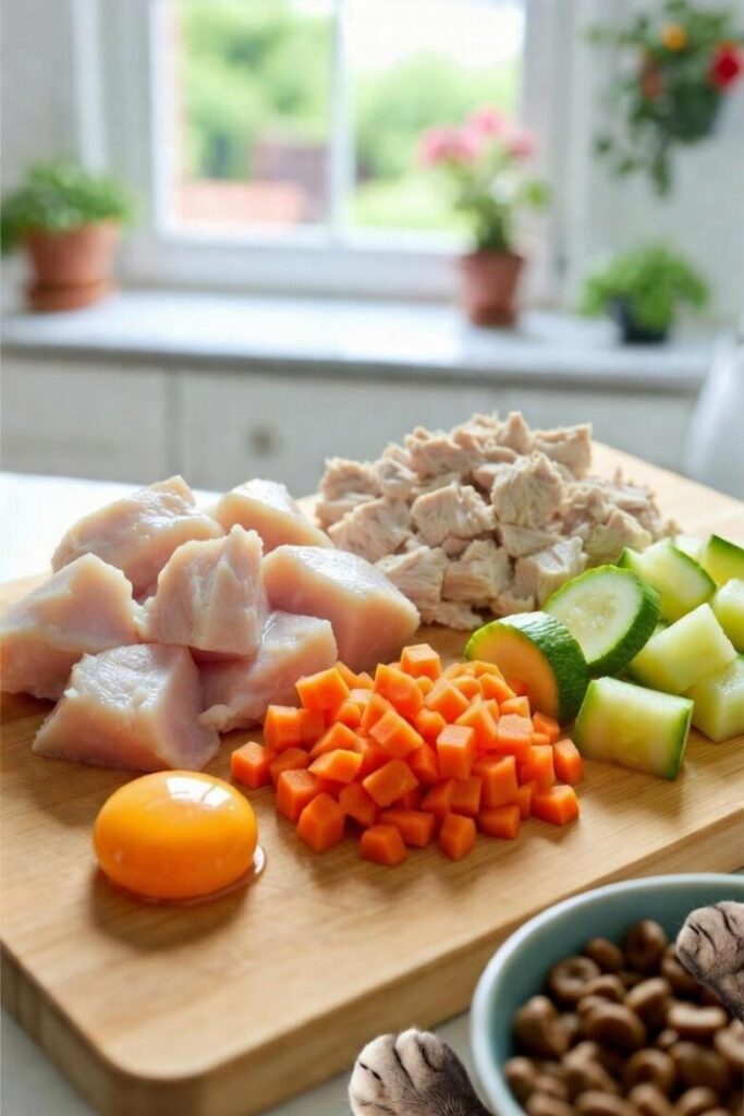 Tagliere di legno con pollo bollito a dadini, tacchino, carote, zucchine e tuorlo d’uovo – ingredienti naturali e sicuri per ricette fatte in casa per gatti, con zampe curiose sullo sfondo