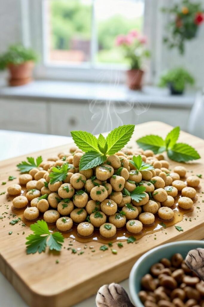 Snack per gatti fatti in casa: croccantini beige con menta e prezzemolo tritati su tagliere, vapore fresco in cucina luminosa