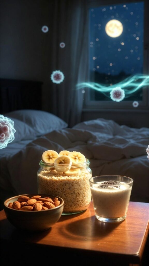 Snack salutari prima di andare a dormire su tavolo da notte: banane, avena con latte, mandorle, elementi cellulari luminosi e luna notturna 