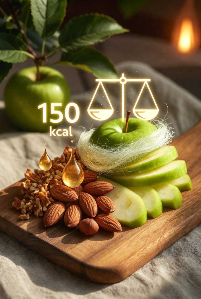 Snack salutari prima di andare a dormire con fettine di mela verde, mandorle tostate, fibre luminose e 150 kcal su tagliere di legno 