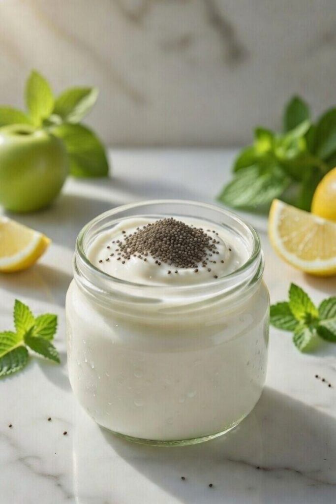 Snack salutari prima di dormire: yogurt greco con semi di chia, limone, menta e mela su marmo bianco