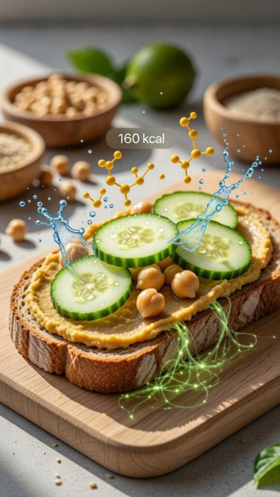 Snack salutari prima di dormire: fetta di pane integrale con hummus di ceci e fettine di cetriolo su tagliere di legno