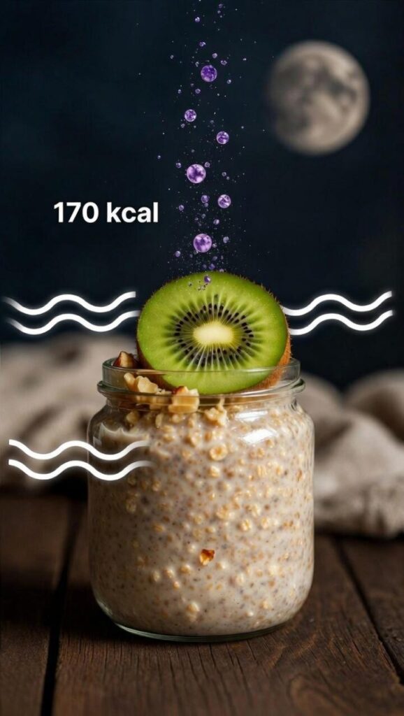 Snack salutari prima di dormire: avena con latte vegetale, fettine di kiwi e noci tritate in barattolo di vetro
