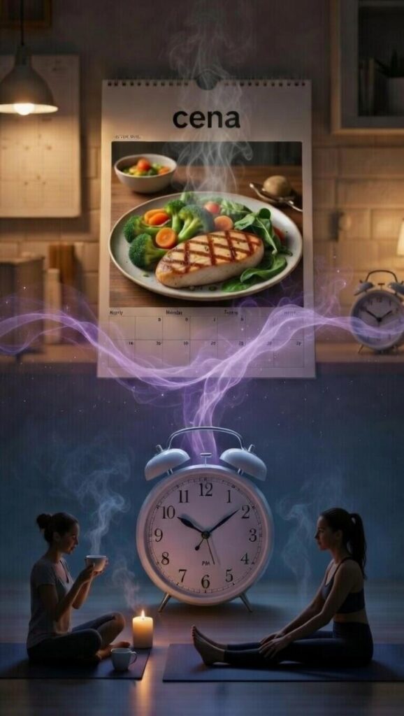 Snack salutari prima di dormire: calendario cena 19:30 con proteine e verdure, rituale tisana e yoga alle 22 in cucina serale