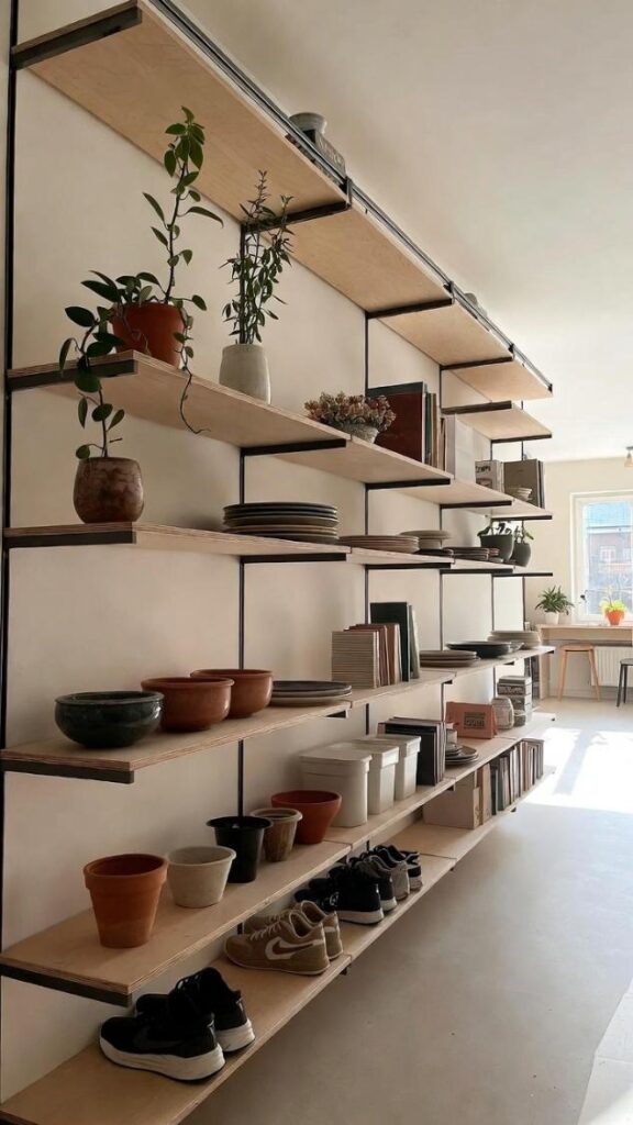 Mensole modulari in legno faggio chiaro e metallo nero su parete verticale, cariche di piante, libri, piatti, pentole e sneakers in soggiorno luminoso moderno, sistema regolabile tipo IKEA Elfa, alta risoluzione 2026.