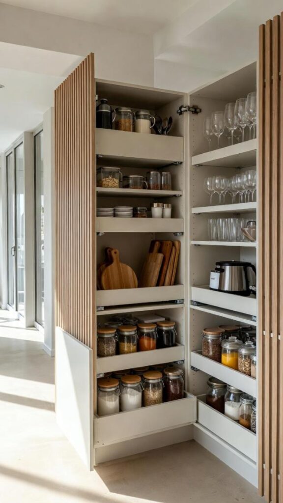 Cucina open space moderna con colonne parete attrezzate multiuso, cassetti soft-close aperti mostrando farine spezie taglieri bicchieri e robot cucina, pareti chiare texture legno caldo luce naturale, atmosfera pratica accogliente 2026.