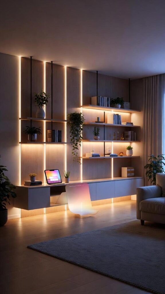Pareti con strisce LED sotto mensole fluttuanti e arredi sospesi in soggiorno moderno, illuminazione smart per spazi verticali