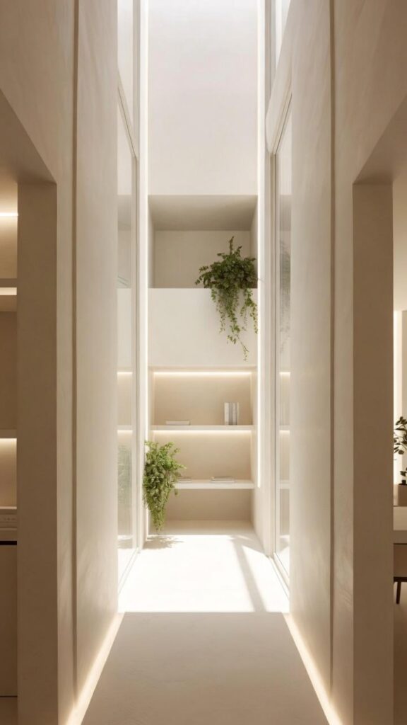 Corridoio minimalista moderno in design d'interni, pareti beige calde, mensole fluttuanti bianche con piante verdi pendenti, libri minimali e luce naturale da lucernario per spazio airy ad alta risoluzione.