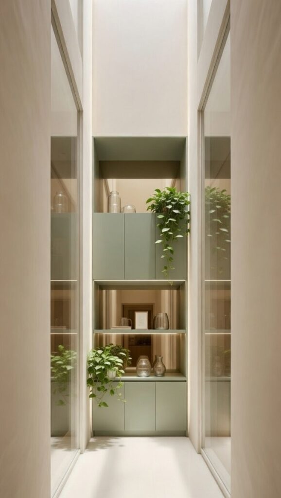 Interior design minimalista moderno con corridoio luminoso, pareti beige neutre, mensole fluttuanti bianche, piante verdi pendenti e luce naturale da lucernario per atmosfera ariosa e alta risoluzione