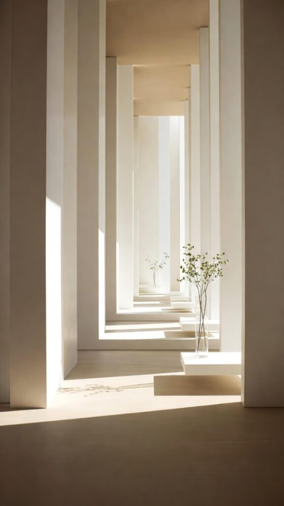 Design d'interni minimalista moderno con corridoio luminoso infinito, colonne beige e bianche riflettenti, mensole fluttuanti con piante verdi in vasi trasparenti, luce naturale soffusa e prospettiva dinamica ad alta risoluzione.