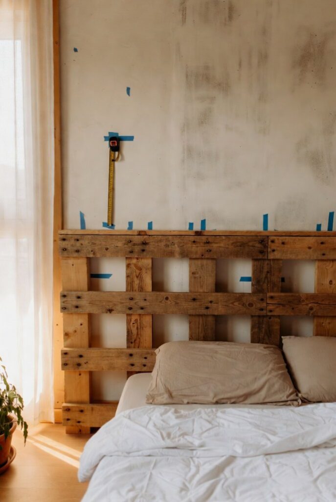 Cosa usare come testata del letto: montaggio fai-da-te con assi legno grezzo da pallet su muro segnato nastro adesivo blu, letto bianco con cuscini beige, luce naturale in camera minimal