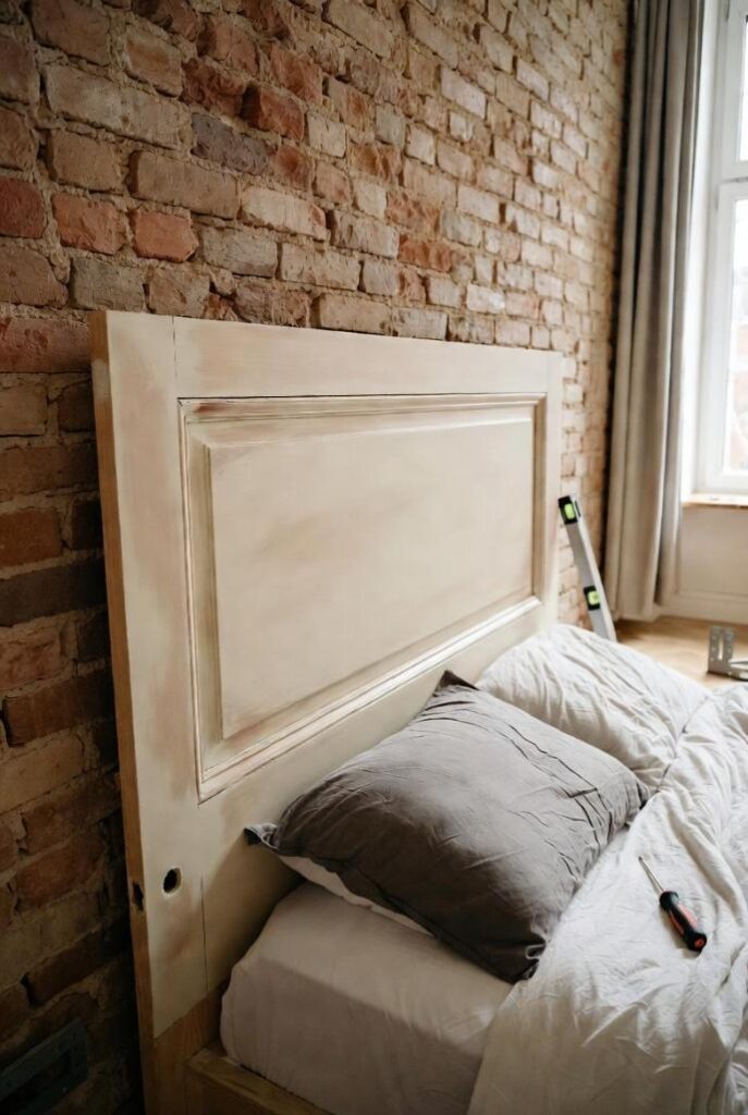 Cosa usare come testata del letto: vecchia porta interna dipinta beige chiaro come testata su muro mattone esposto, letto con lenzuola bianche e cuscini grigi, cacciavite e livella nearby in camera rustica