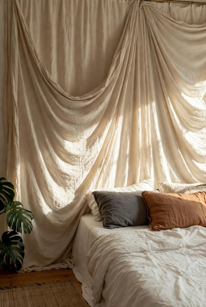 Cosa usare come testata del letto: tende drappeggiate in lino grezzo color crema su barra, letto bianco con cuscini grigi e arancioni, pianta monstera, luce naturale in camera boho minimal