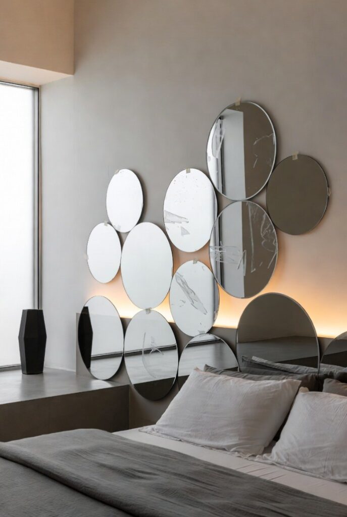 Cosa usare come testata del letto: composizione specchi rotondi sovrapposti su muro grigio chiaro, riflessi luce LED soffusa, letto matrimoniale lenzuola grigie cuscini bianchi, design minimal moderno