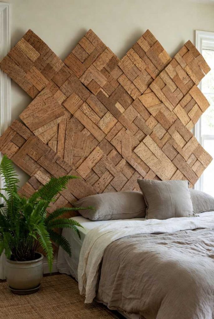 Cosa usare come testata del letto: pannelli sughero tagliati strisce intrecciate losanghe su muro, letto con lenzuola grigie cuscini, pianta felce, camera eco minimal rustica