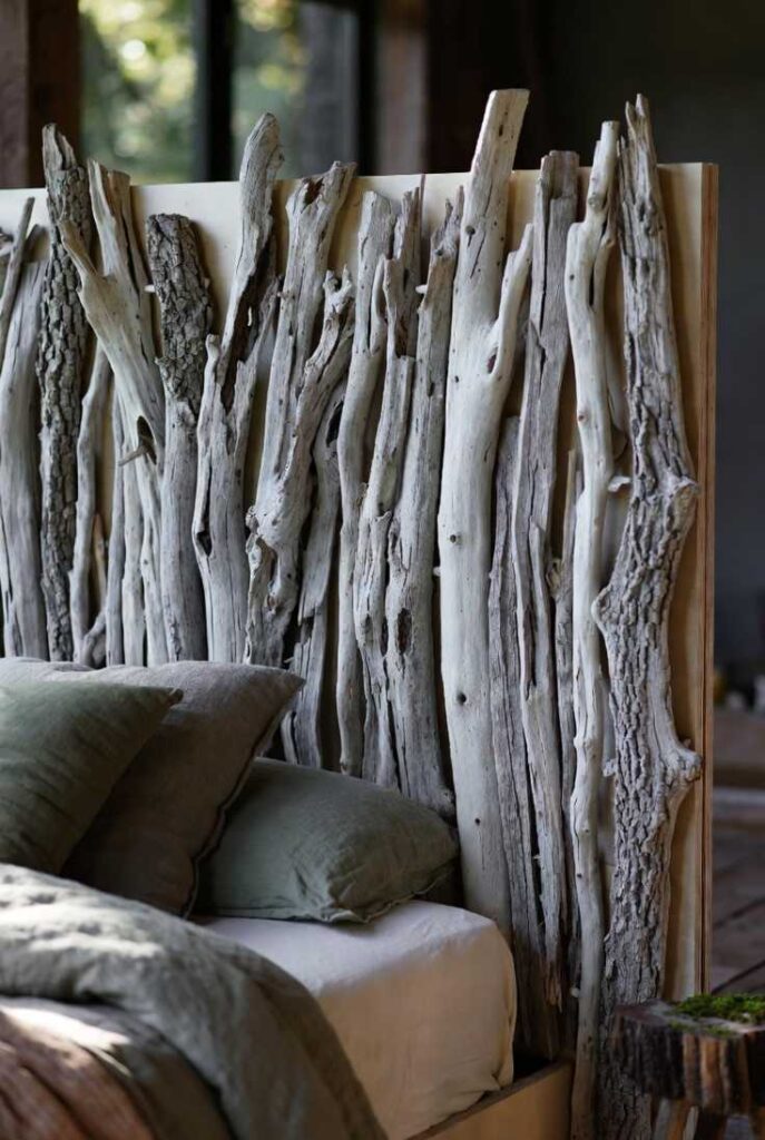 Cosa usare come testata del letto: montaggio piastrelle mosaico esagonali adesive dorate su muro bianco, mani guantate applicano dal centro, letto grigio lenzuola cuscini rosa, confezione aperta nearby