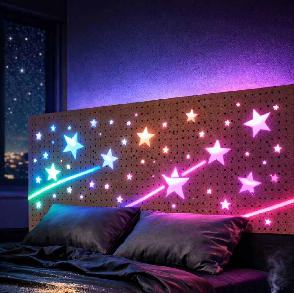 Sogni stellati! ✨ Trasforma la tua camera con una testiera fai-da-te luminosa. Un’idea creativa e moderna per portare la magia del cielo notturno direttamente sopra il tuo letto.