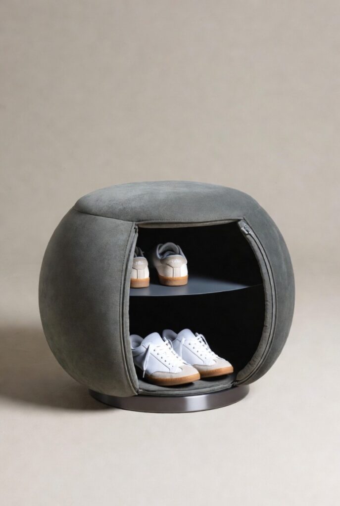 Pouf girevole in ecopelle grigia con vano interno per scarpe in ingresso a due livelli moderno