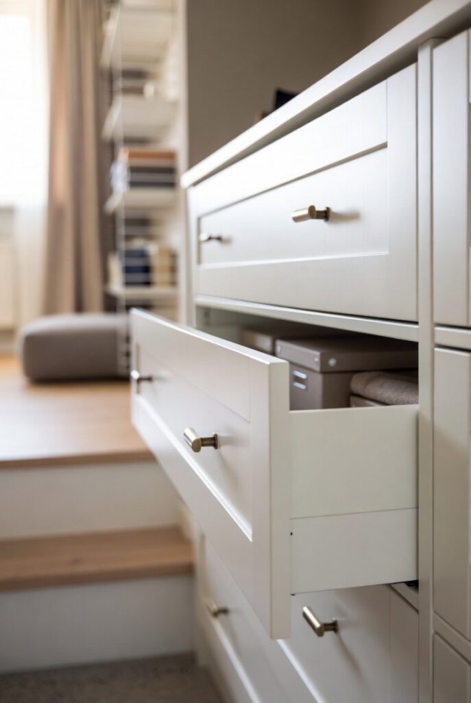 Mobile HEMNES IKEA rivisitato con finiture matte e maniglie ottone anticato per ingresso a due livelli moderno