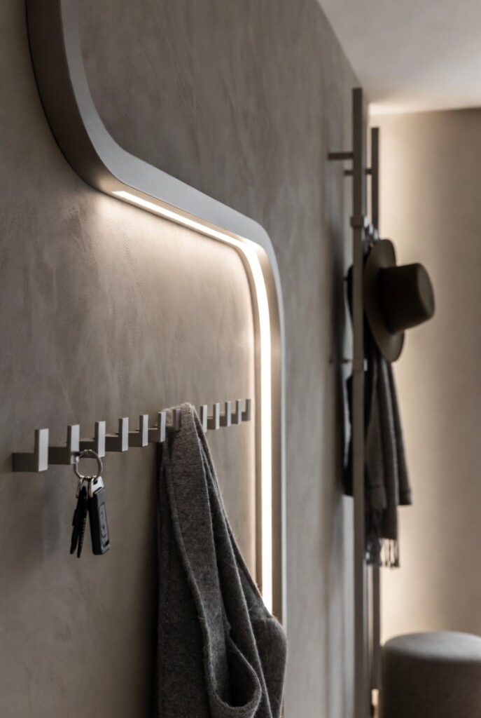 Appendiabiti wall-mounted con luci LED e rack verticale alluminio per ingresso a due livelli moderno
