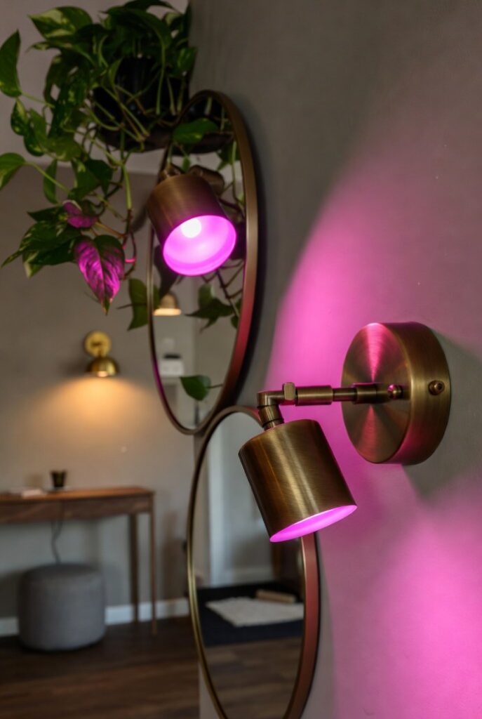 Applique orientabili ottone spazzolato smart con luci rosa neon su livello rialzato di ingresso a due livelli moderno