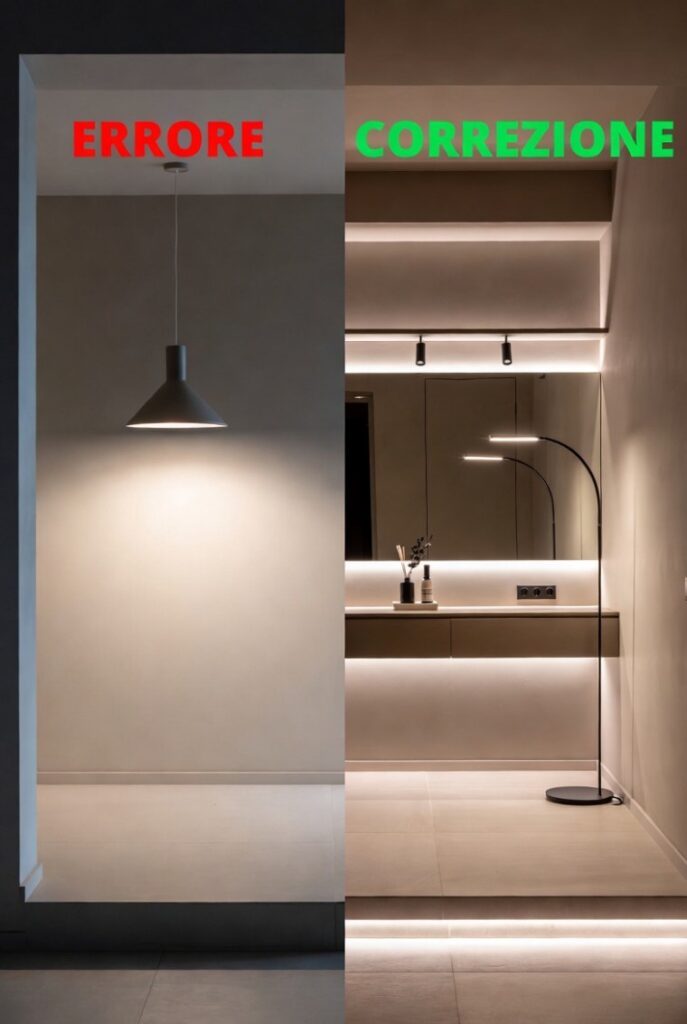 Prima/dopo layering illuminazione stratificata vs lampada centrale in ingresso a due livelli moderno