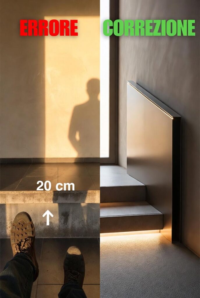 Corrimano filomuro acciaio brunito con LED antiscivolo per ingresso a due livelli sicuro