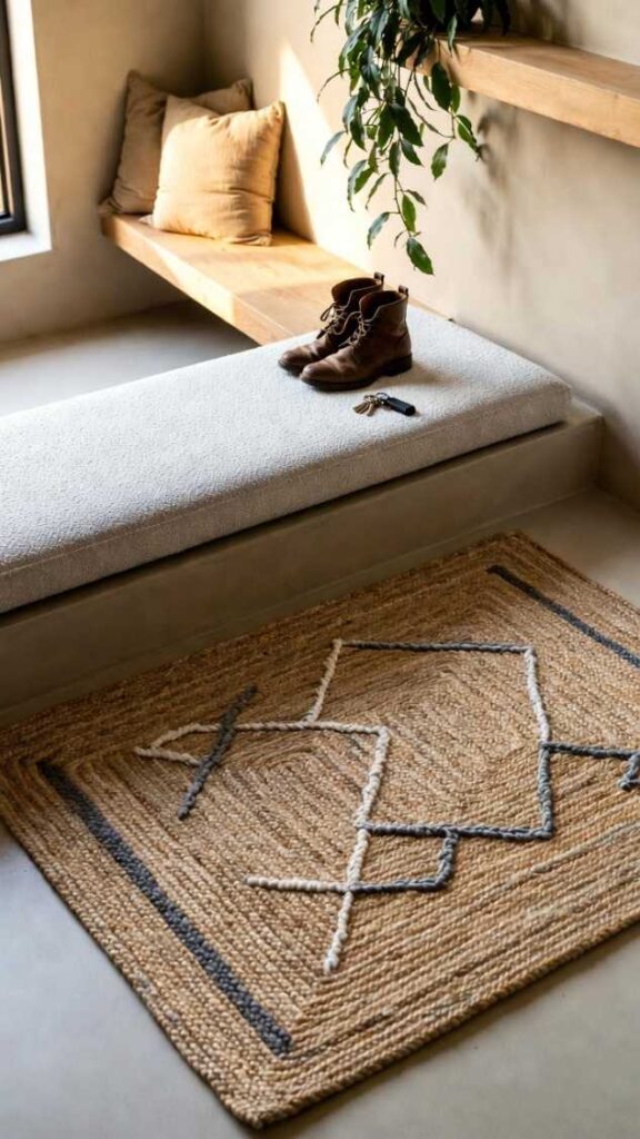 Ingresso a due livelli moderno in stile milanese contemporaneo con tappeto spesso in juta naturale intrecciata color crema e pattern geometrici scandinavi grigi e bianchi, panca bassa imbottita bouclé grigio chiaro con cuscini boho beige, stivaletti in pelle e chiavi, pianta verde pendente e luci calde naturali. Atmosfera cozy e invitante, alta risoluzione