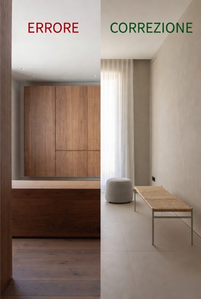 Prima/dopo livello basso: pouf bouclé esile vs panca oversize in ingresso a due livelli moderno