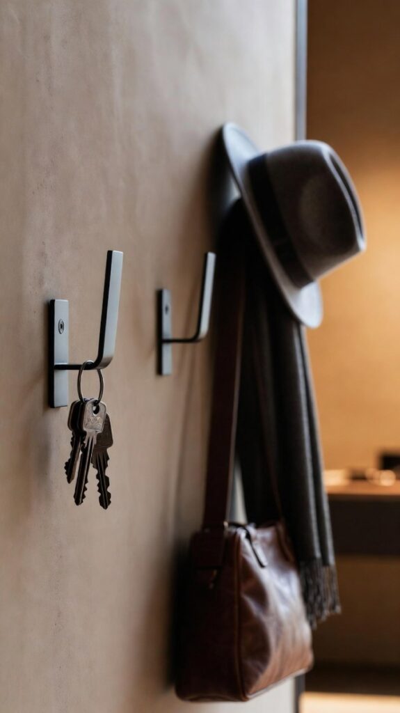 Ingresso a due livelli moderno in stile milanese contemporaneo con ganci murali sospesi in metallo nero opaco industrial chic: chiavi vintage e borsa marrone al gancio basso, cappello fedora grigio e sciarpa cashmere al gancio alto, pareti greige opache, luce calda laterale con ombre drammatiche, dislivello sfocato con console lignea, atmosfera minimal e accogliente, alta risoluzione 4K.