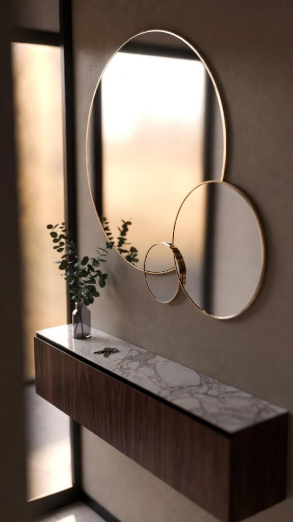 Ingresso a due livelli moderno in stile milanese contemporaneo con console slim extra-fine in legno massello noce scuro e top marmo bianco venato grigio, tre specchi rotondi sovrapposti dorati (60-45-30 cm) che creano illusione di profondità, vasetto eucalipto fresco e chiavi minimal, pavimento gres effetto rovere chiaro, pareti greige opache e luce naturale calda riflessa. Atmosfera luminosa e ariosa, alta risoluzione 4K.