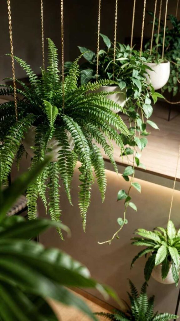 Ingresso a due livelli moderno in stile milanese contemporaneo con piante sospese lussureggianti (felce Boston e pothos) in vasi ceramici bianchi opachi appesi al soffitto con catene dorate sottili, foglie verdi pendenti che collegano il livello rialzato a quello basso, console lignea sfocata, pavimento gres chiaro, pareti greige minimal e luci calde soffuse con goccioline di rugiada sulle foglie. Atmosfera botanica cozy e invitante, alta risoluzione 4K.