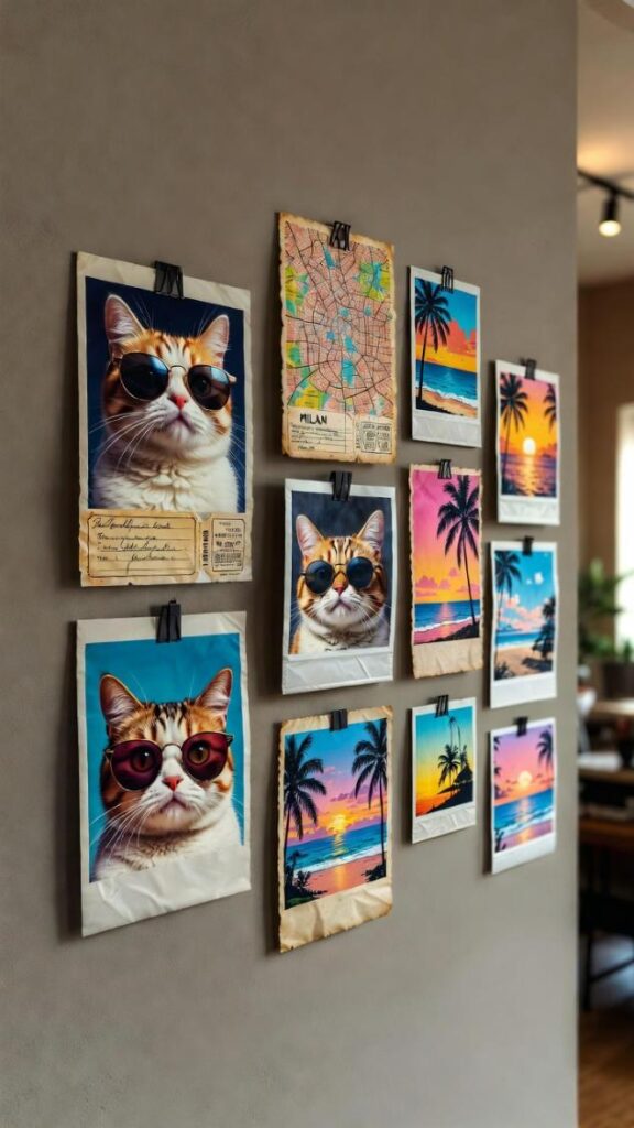 Ingresso a due livelli moderno in stile milanese contemporaneo con wall art Gen Z: collage asimmetrico di stampe polaroid-style con gattini buffi occhiali da sole hipster, biglietti aerei vintage, tramonti tropicali e mappe stilizzate di Milano, cornici nere minimal su parete greige opaca, luce naturale calda che illumina colori vivaci, sfondo sfocato con console lignea e tappeto, atmosfera divertente e personalissima, alta risoluzione 4K.