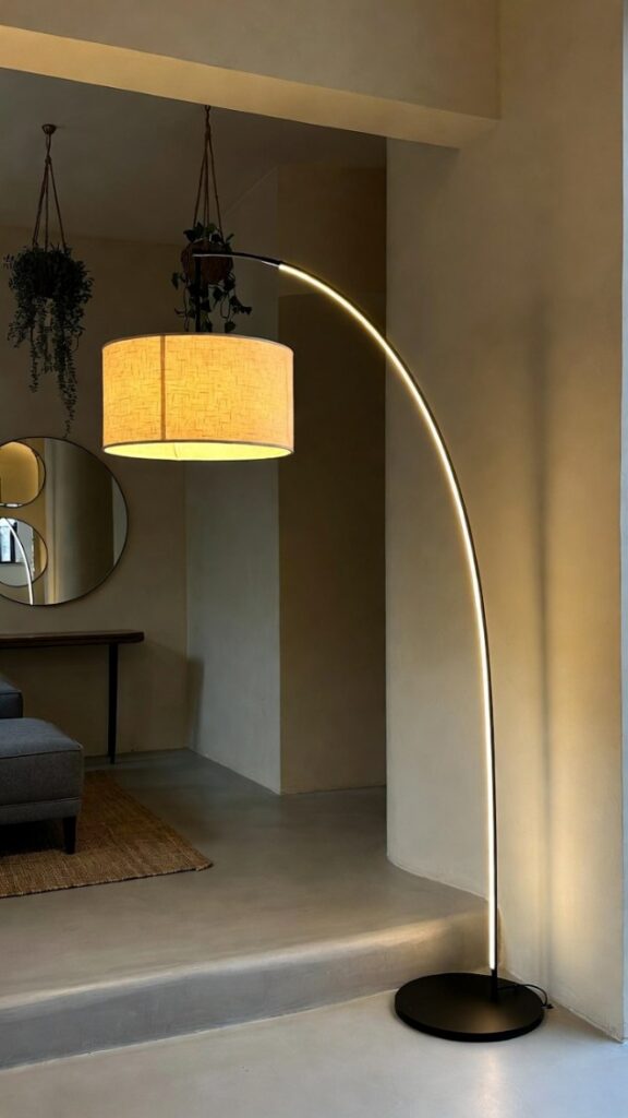 Ingresso a due livelli moderno in stile milanese contemporaneo con piantana floor lamp curva in metallo nero opaco (altezza 170cm), paralume diffusore cilindrico in tessuto écru che emana luce calda soffusa 2700K, illuminando console slim noce, specchi rotondi e piante sospese, ombre morbide sul livello basso con tappeto juta e panca grigia, pareti greige opache, hack IKEA budget-friendly con base effetto velluto matte, atmosfera elegante e accogliente, alta risoluzione 4K.