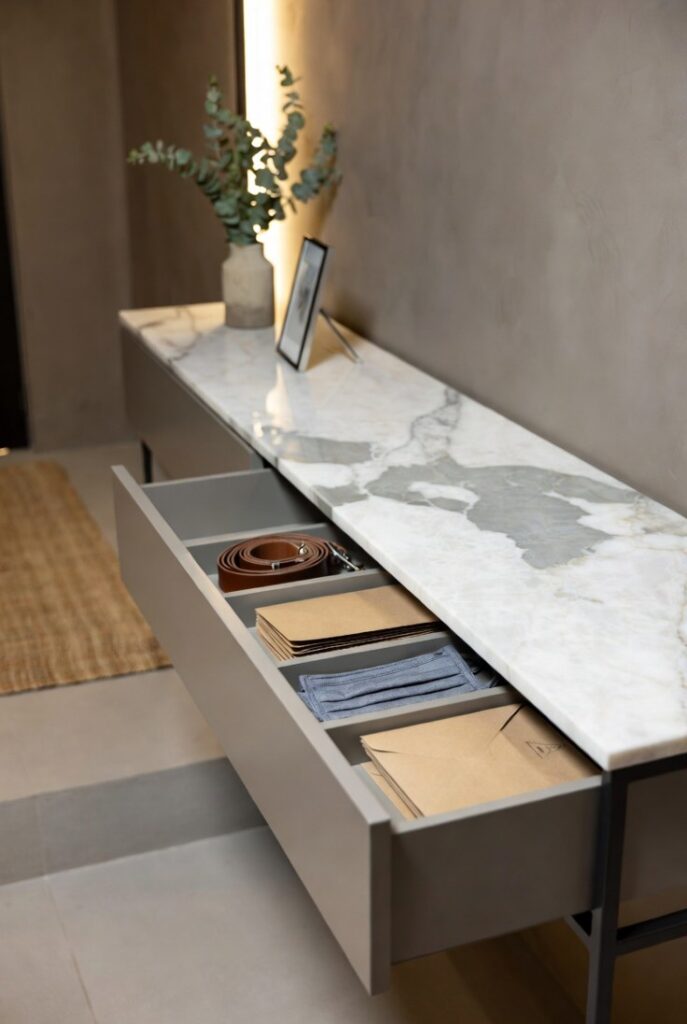 Ingresso a due livelli moderno in stile milanese contemporaneo con console sospesa lunga 120 cm profonda 30 cm, gambe sottili acciaio nero opaco, top quarzite bianca venata grigia lucida con venature realistiche, cassetti soft-close semiaperti che mostrano guinzaglio cuoio arrotolato, buste lettere kraft e mascherine in tessuto, vaso ceramico con eucalipto fresco e portafoto minimal, luce naturale calda che illumina le venature, sfondo sfocato con tappeto juta sul livello basso, pareti greige opache, atmosfera raffinata e accogliente, alta risoluzione 4K.
