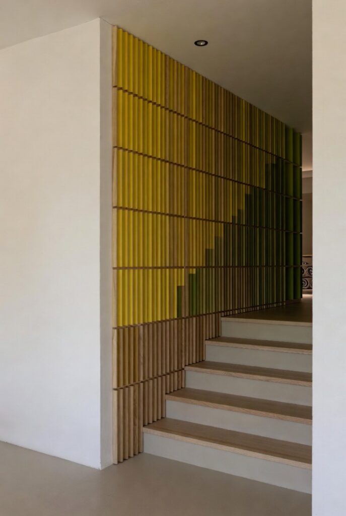 Mensole modulari String Pocket in faggio con scatole giallo senape e verde salvia per ingresso a due livelli moderno