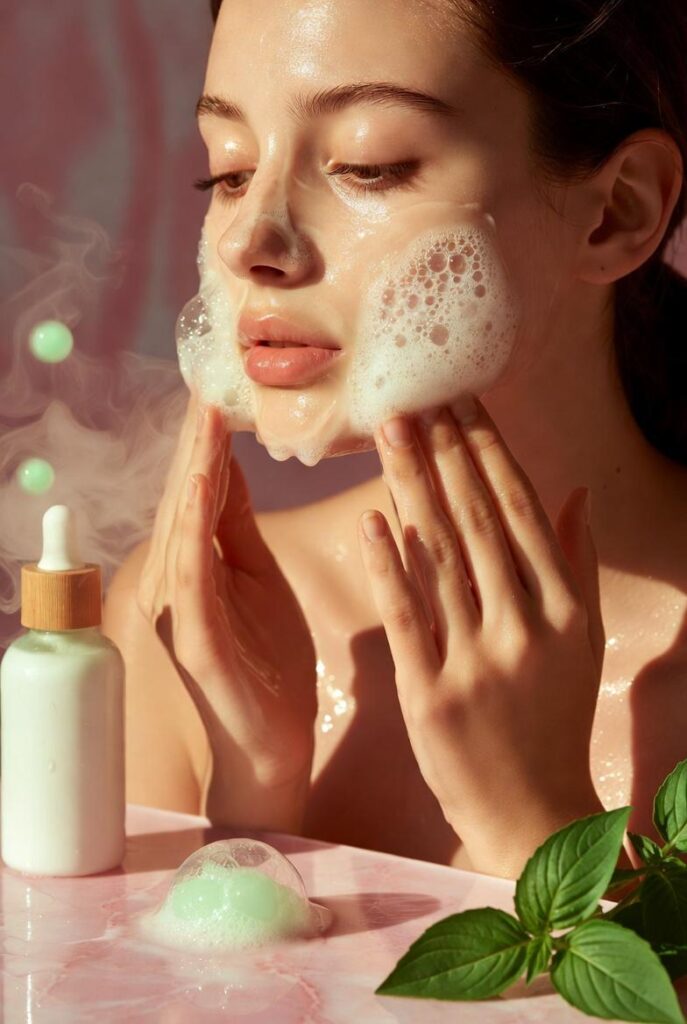 Giovane donna con pelle fresca e luminosa che rimuove delicatamente la p.calm holy basil bubble deep mask e massaggia siero trasparente sul viso e collo, con flacone idratante, foglie di basilico e vapore leggero su marmo rosa in una spa coreana.