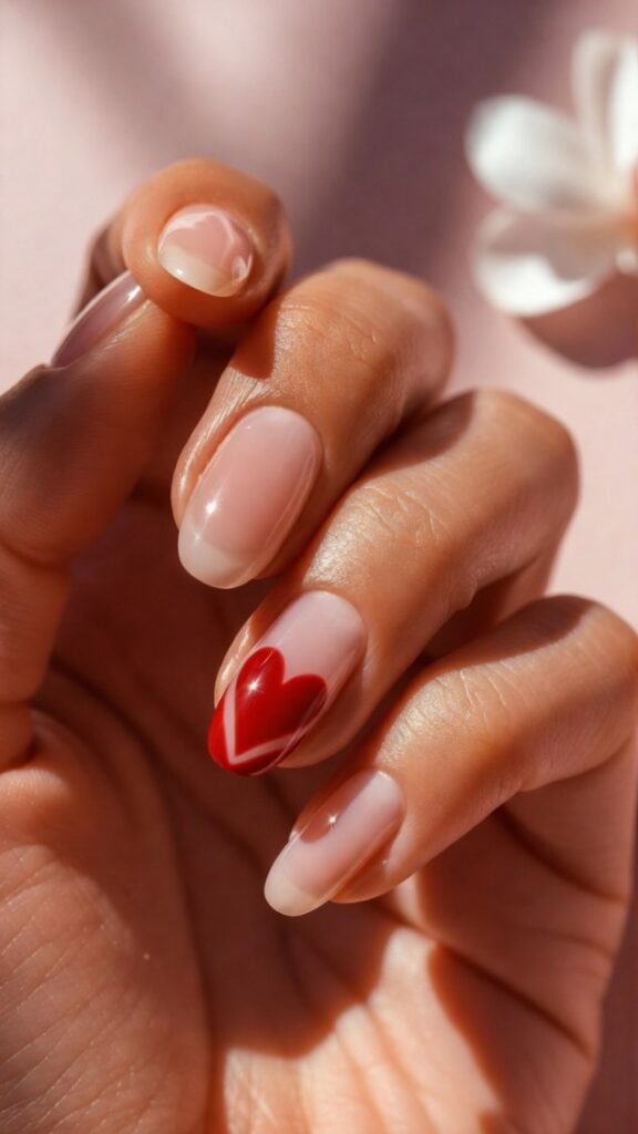 Unghie per San Valentino 2026 nail art minimalista cuore stilizzato francese su base sheer nude lucida, unghia sola evidenziata