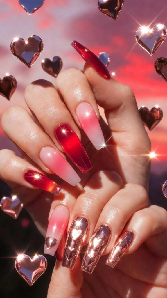 Unghie per San Valentino 2026 unghie stiletto almond gradienti rosa al rosso effetto sunset, square con foil hearts riflettenti luce