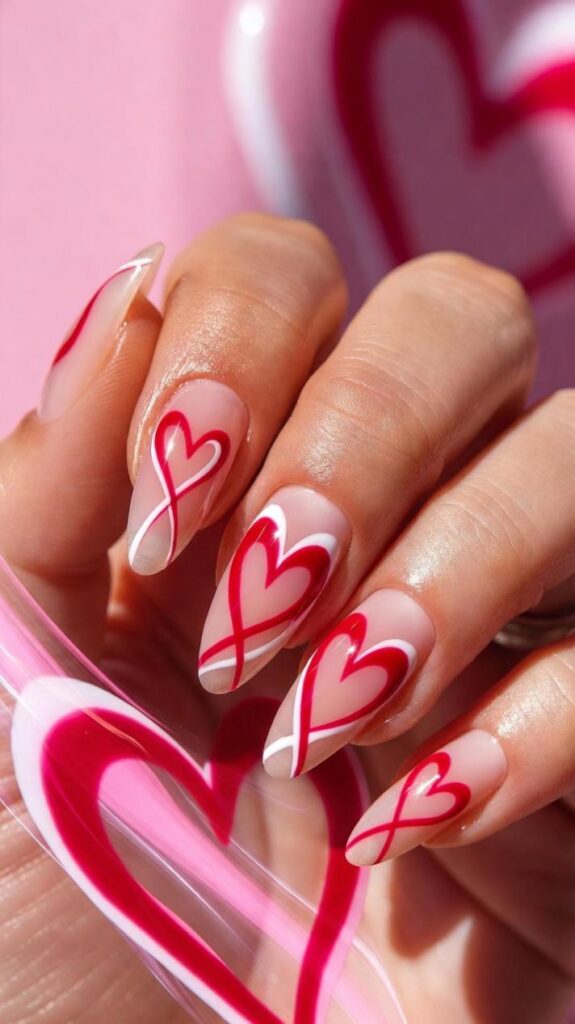 Unghie per San Valentino 2026 cuori swirl linee curve rosse bianche nastri su base nude, iniziali intrecciate sovrapposte layered