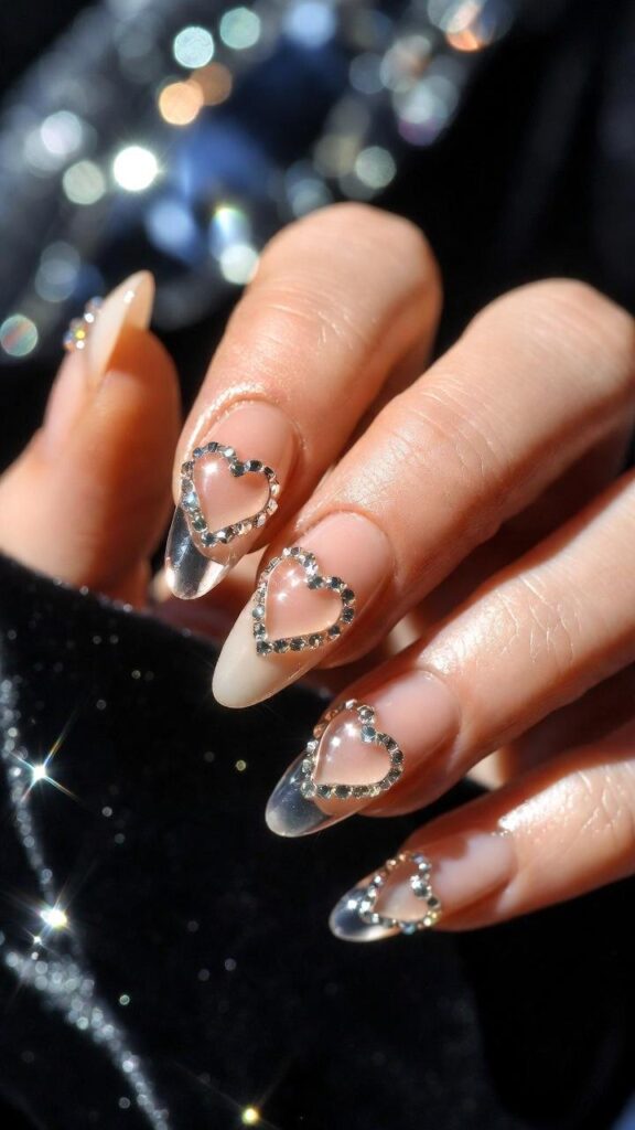 Unghie per San Valentino 2026 cuori con cristalli Swarovski minuscoli al centro fissati resina UV su base nude