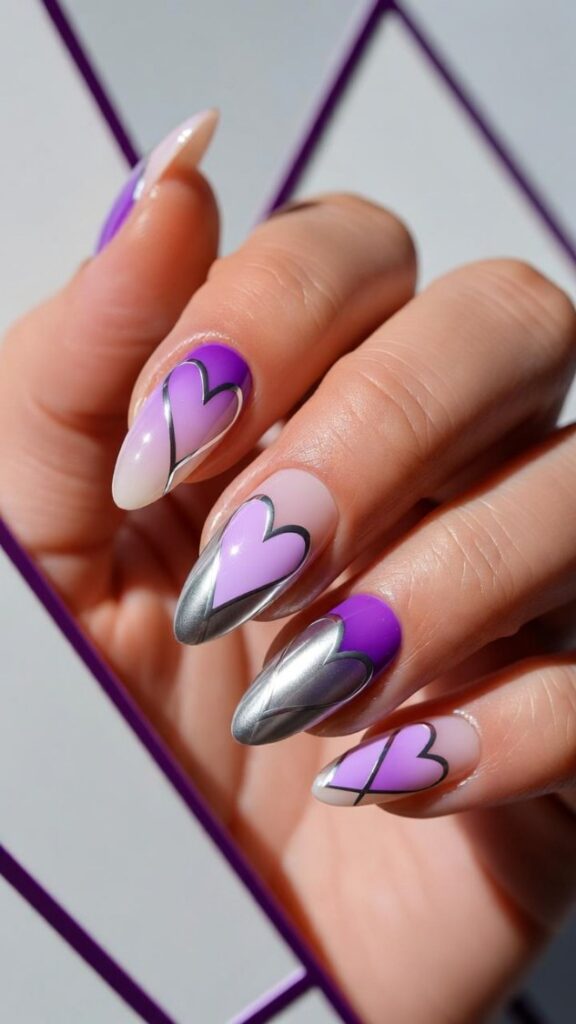 Unghie per San Valentino 2026 cuori astratti linee geometriche viola e argento irregolari estetica moderna