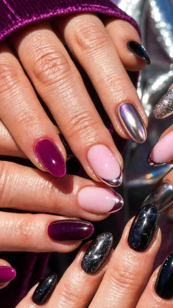 Unghie per San Valentino 2026 texture innovative velvet bordeaux, chrome tips rosa specchiati, matte glitter 3D profondità