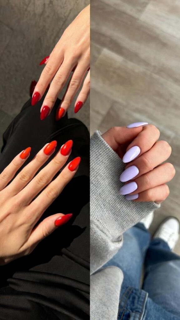 Unghie per San Valentino 2026 fiery red (#FF1744) con abito nero contrasto, soft lavender (#E1BEE7) jeans maglia oversize vibe giovane