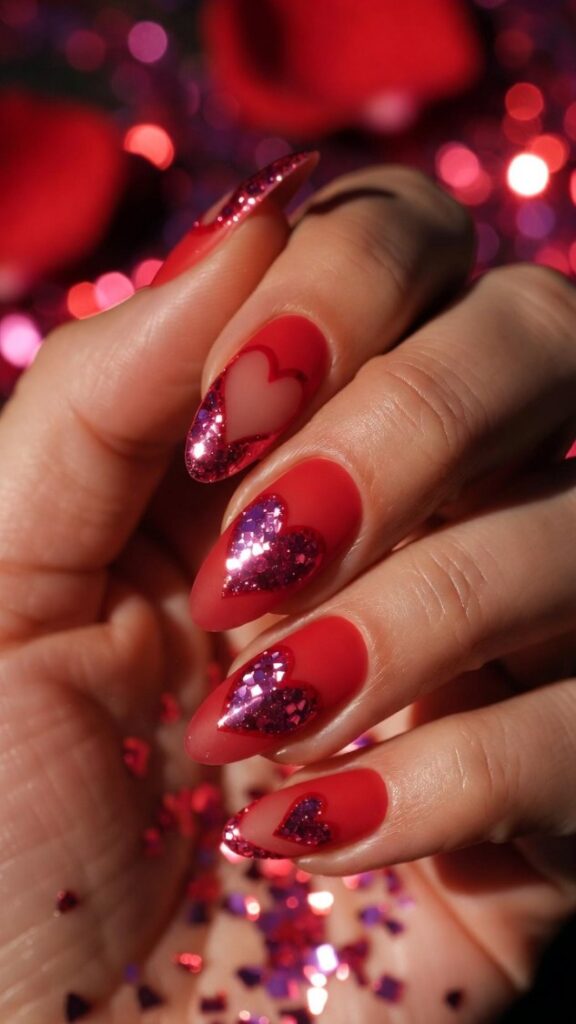 Unghie per San Valentino 2026 cuore negativo space ritagli vuoti glitter rosa 3D su base rossa opaca cattura luce