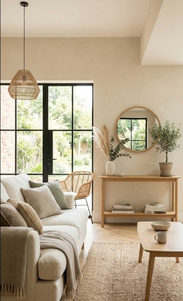 Interno di design verticale in stile boho-chic con arredamento color sabbia avorio, divano in lino, piante da interno e grandi vetrate luminose.