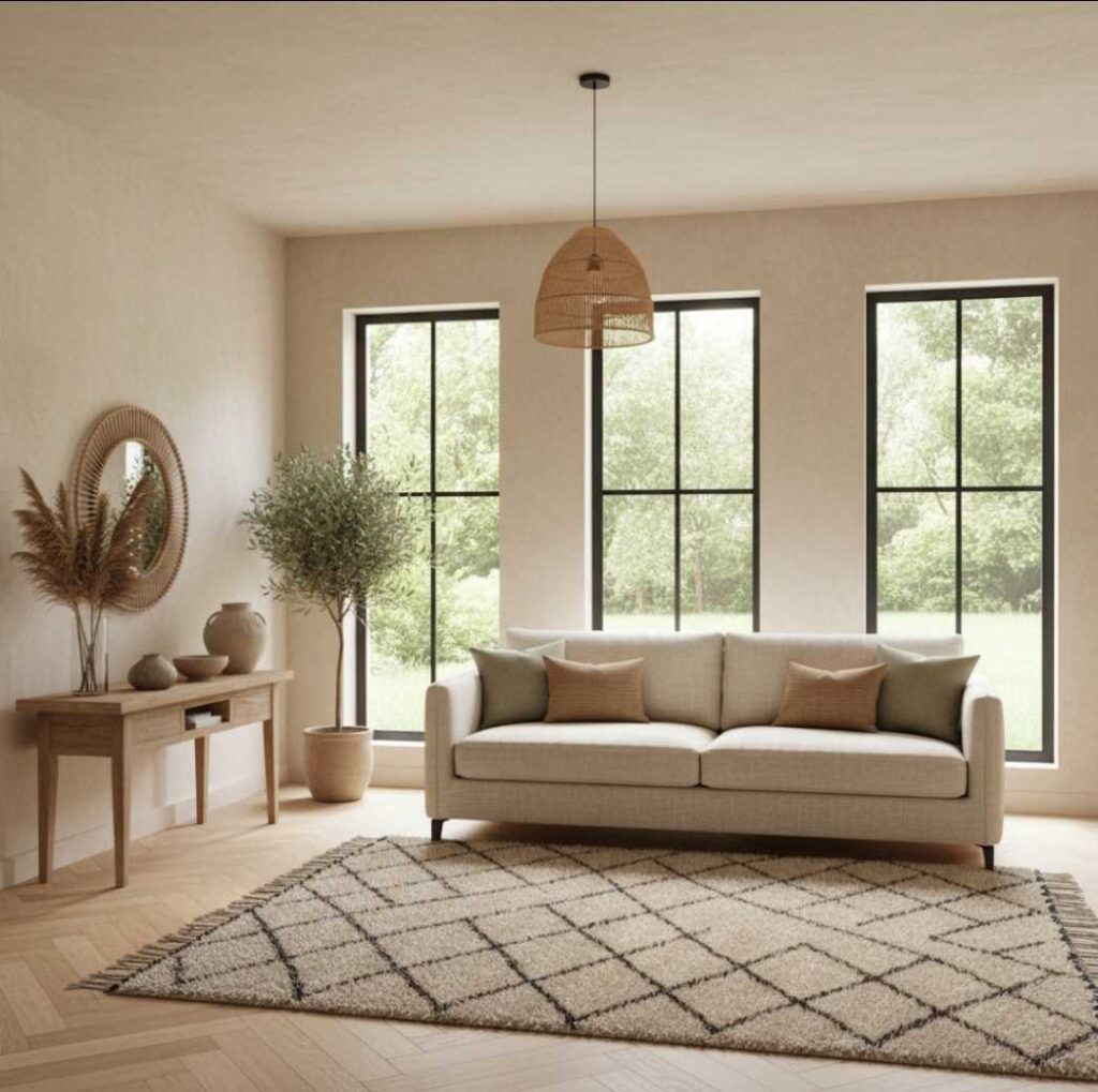 Soggiorno moderno con arredamento color sabbia avorio, divano in lino, parquet chiaro a spina di pesce, tappeto Berber e decorazioni naturali in stile boho-minimalista