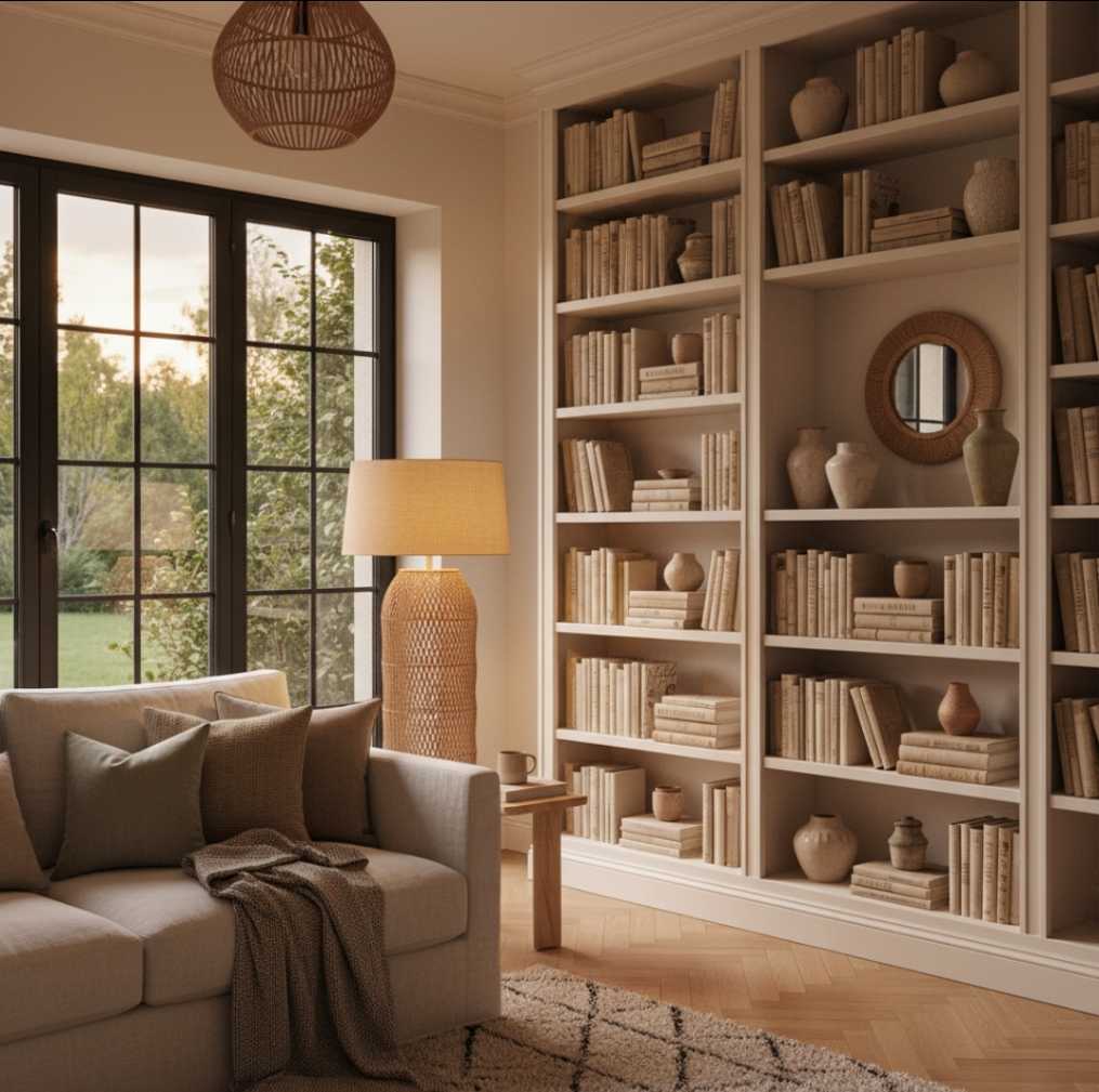 Soggiorno con arredamento color sabbia avorio, divano in lino, libreria bianca con libri e ceramiche, lampada in rattan e grandi porte finestre con vista sul giardino al tramonto.
