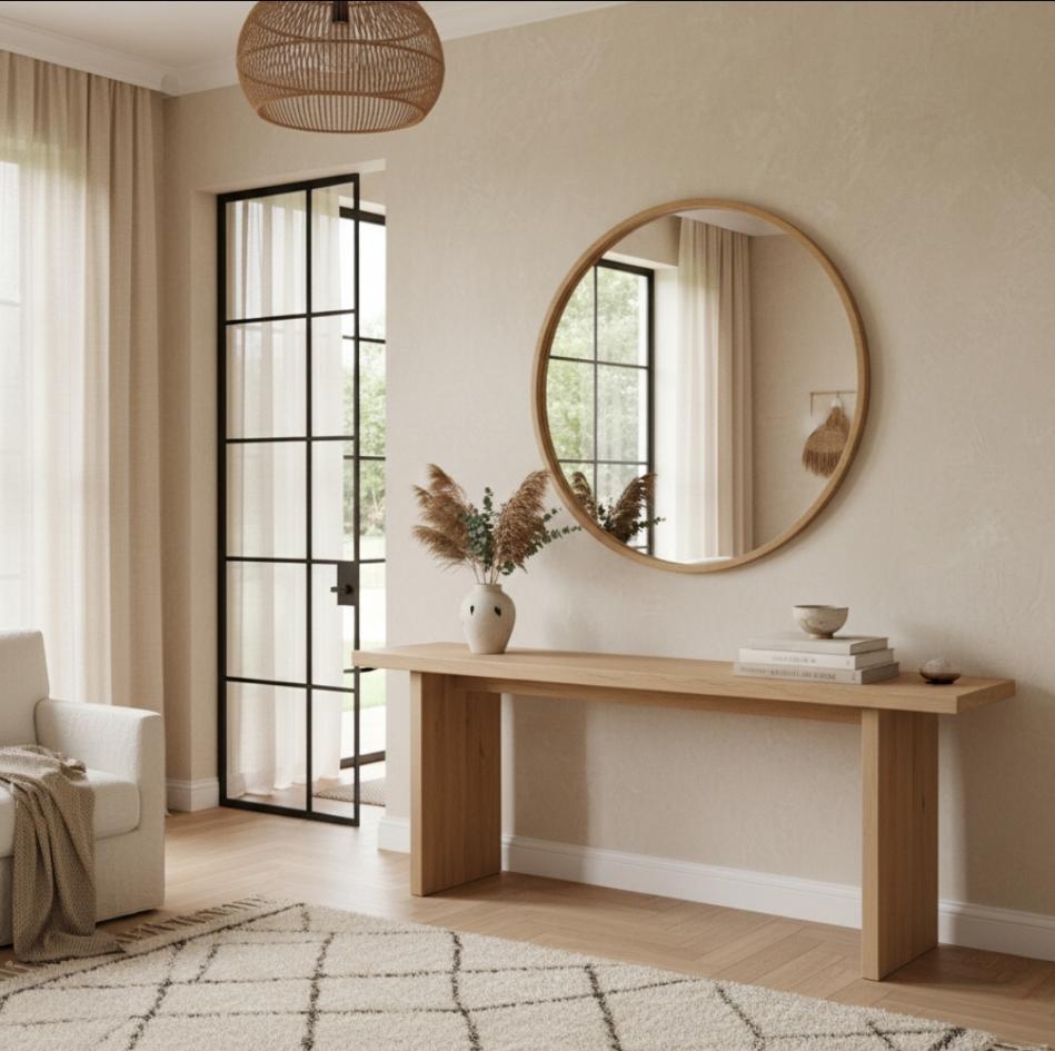 Interno living con arredamento color sabbia avorio, tavolo console in legno chiaro, specchio rotondo, tende leggere e pavimento in parquet a spina di pesce.